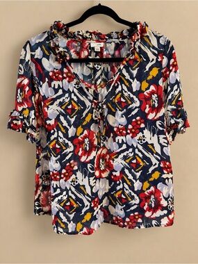 Odille Navy Floral Tie-Front Ruffle Sleeve Blouse